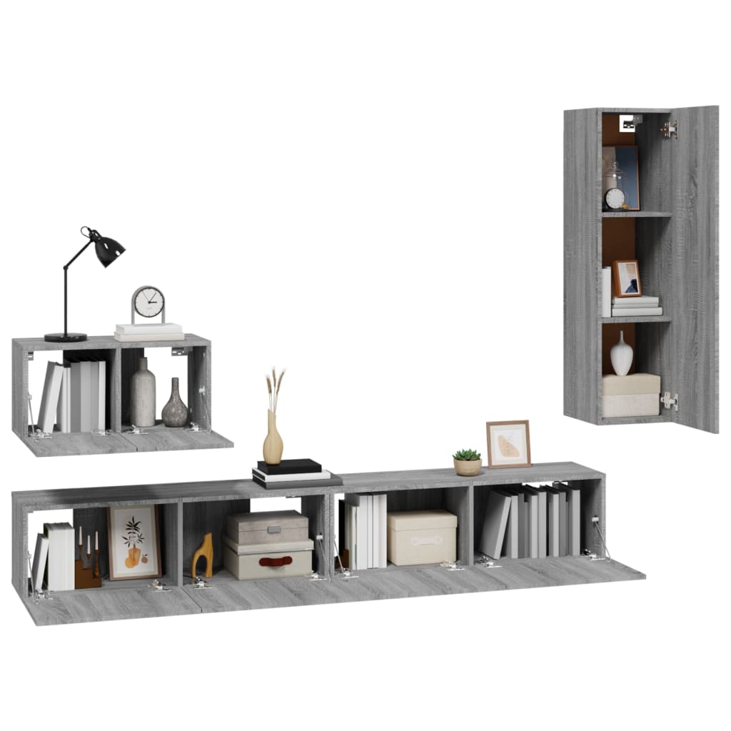 vidaXL Set dulapuri TV, 4 piese, gri sonoma, lemn prelucrat vidaXL Set dulapuri TV, 4 piese, gri sonoma, lemn prelucrat