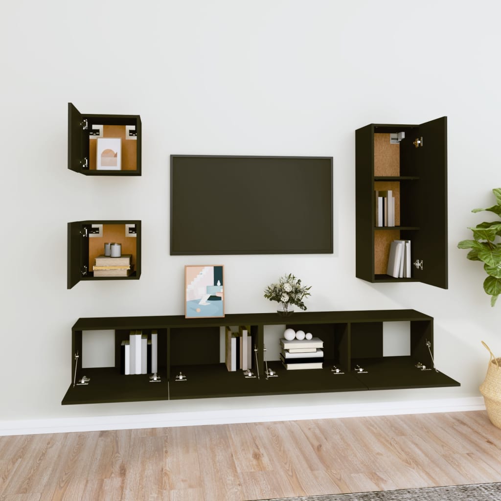 vidaXL Set dulap TV, 5 piese, negru, lemn prelucrat vidaXL Set dulap TV, 5 piese, negru, lemn prelucrat