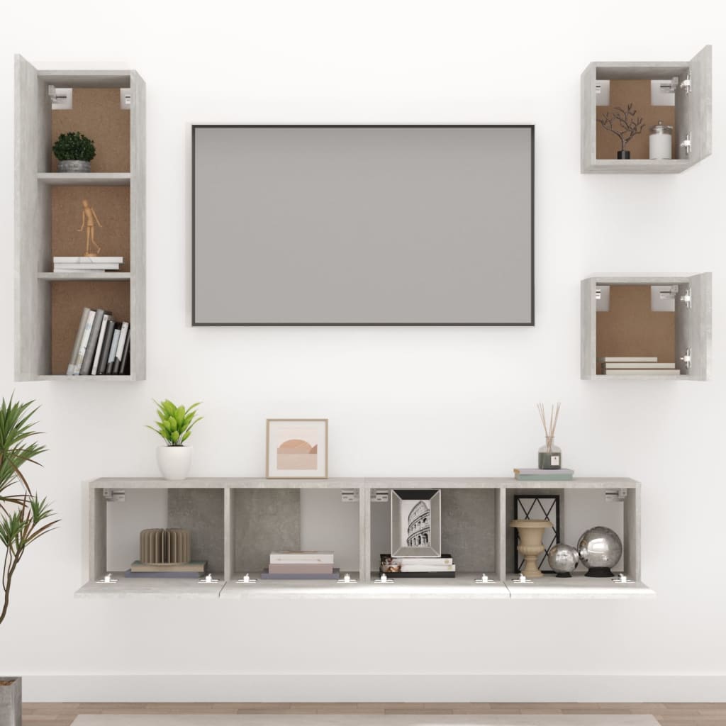 vidaXL Set dulap TV, 5 piese, gri beton, lemn prelucrat vidaXL Set dulap TV, 5 piese, gri beton, lemn prelucrat