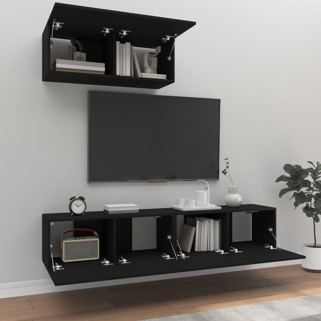 vidaXL Set dulapuri TV, 3 piese, negru, lemn prelucrat vidaXL Set dulapuri TV, 3 piese, negru, lemn prelucrat
