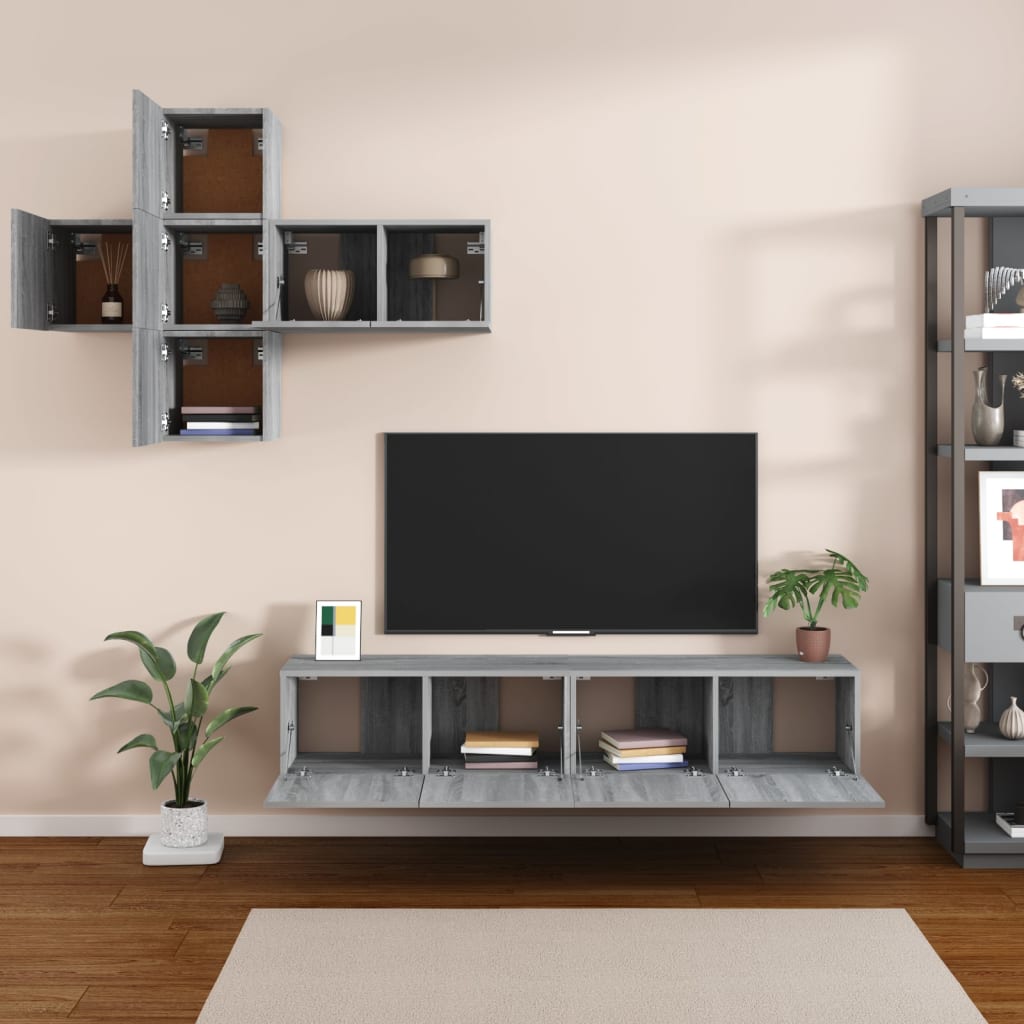 vidaXL Set comode TV, 7 piese, gri sonoma, lemn compozit vidaXL Set comode TV, 7 piese, gri sonoma, lemn compozit