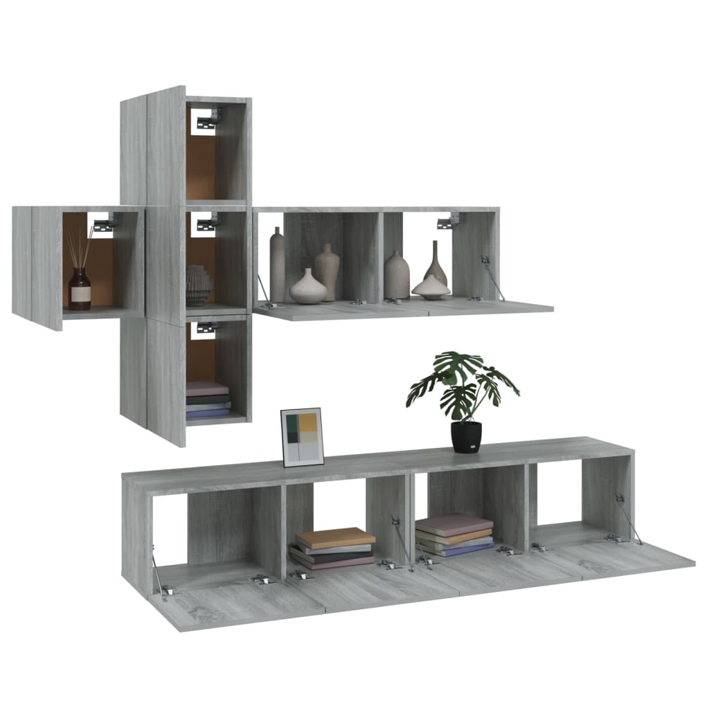 vidaXL Set comode TV, 7 piese, gri sonoma, lemn compozit vidaXL Set comode TV, 7 piese, gri sonoma, lemn compozit