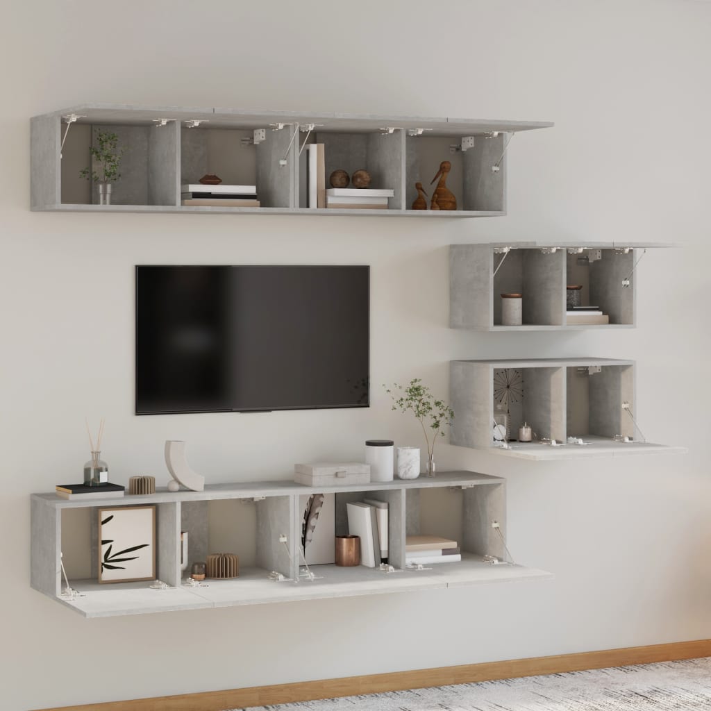 vidaXL Set dulap TV, 6 piese, gri beton, lemn prelucrat vidaXL Set dulap TV, 6 piese, gri beton, lemn prelucrat