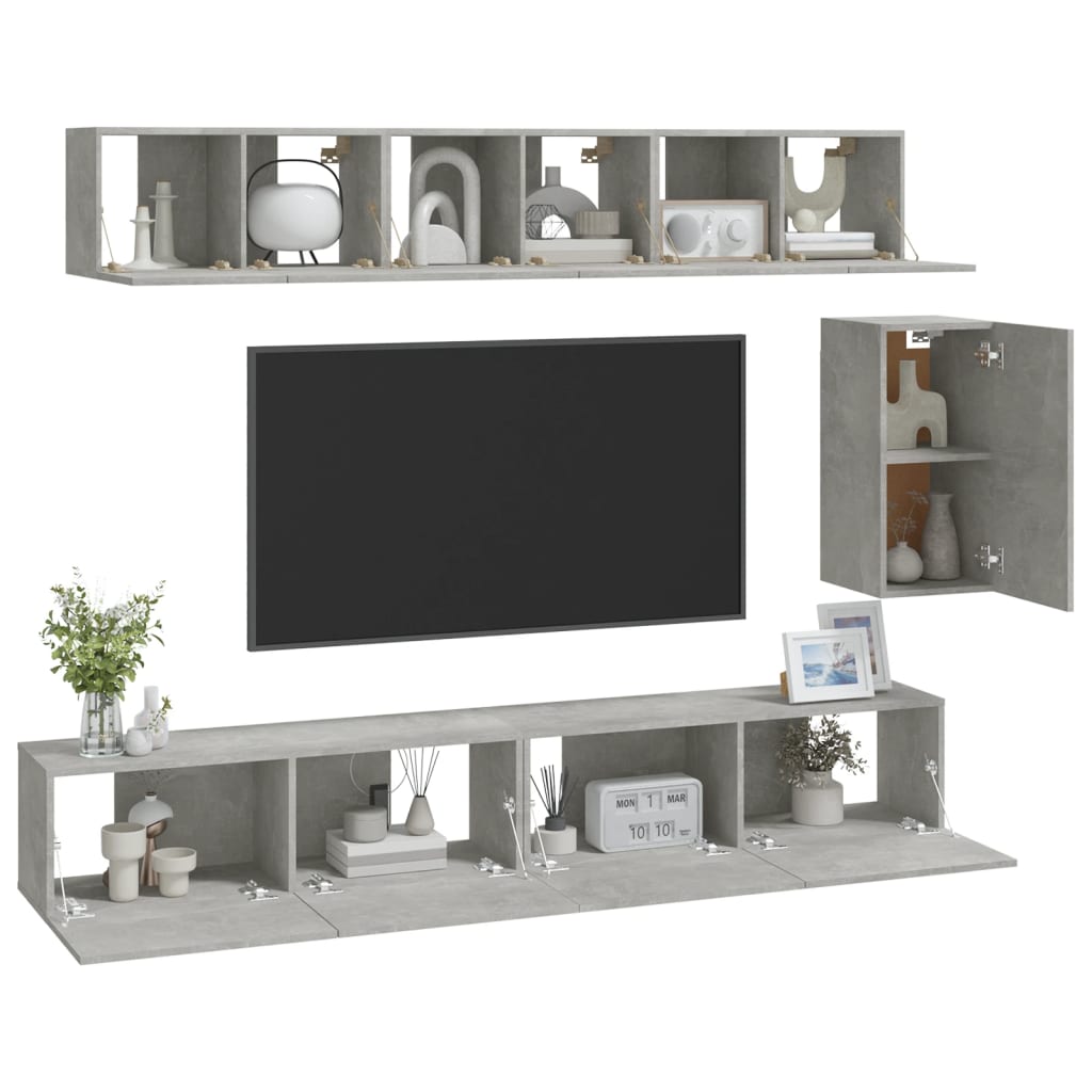 vidaXL Set dulap TV, 6 piese, gri beton, lemn prelucrat vidaXL Set dulap TV, 6 piese, gri beton, lemn prelucrat