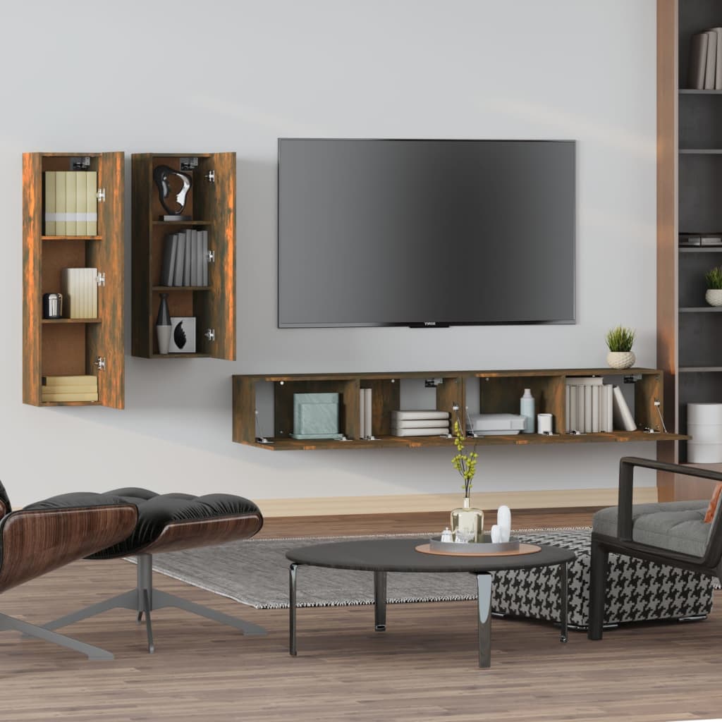 vidaXL Set dulapuri TV, 4 piese, stejar fumuriu, lemn prelucrat
