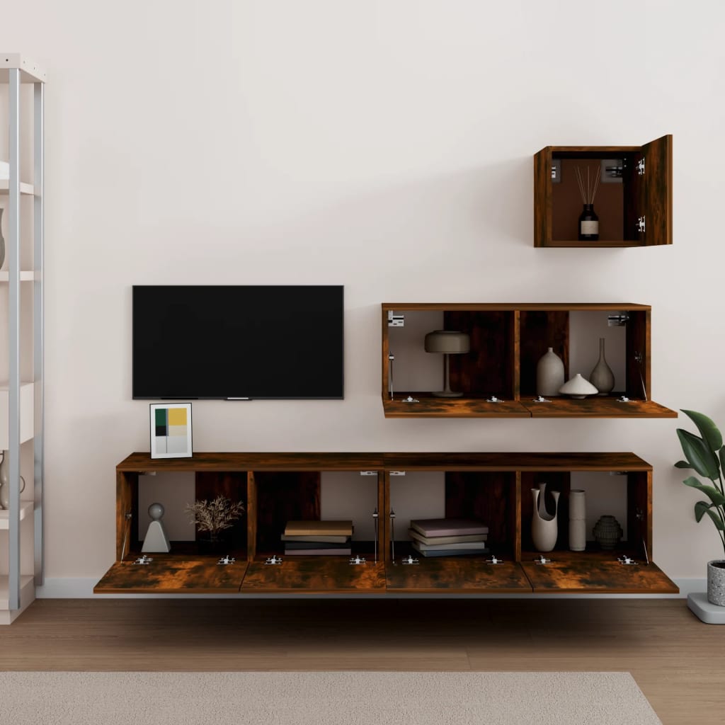 vidaXL Set dulapuri TV, 4 piese, stejar fumuriu, lemn prelucrat vidaXL Set dulapuri TV, 4 piese, stejar fumuriu, lemn prelucrat
