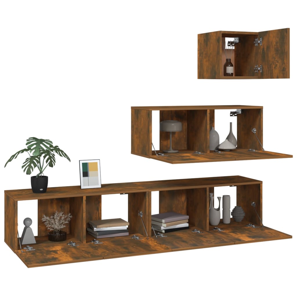 vidaXL Set dulapuri TV, 4 piese, stejar fumuriu, lemn prelucrat vidaXL Set dulapuri TV, 4 piese, stejar fumuriu, lemn prelucrat