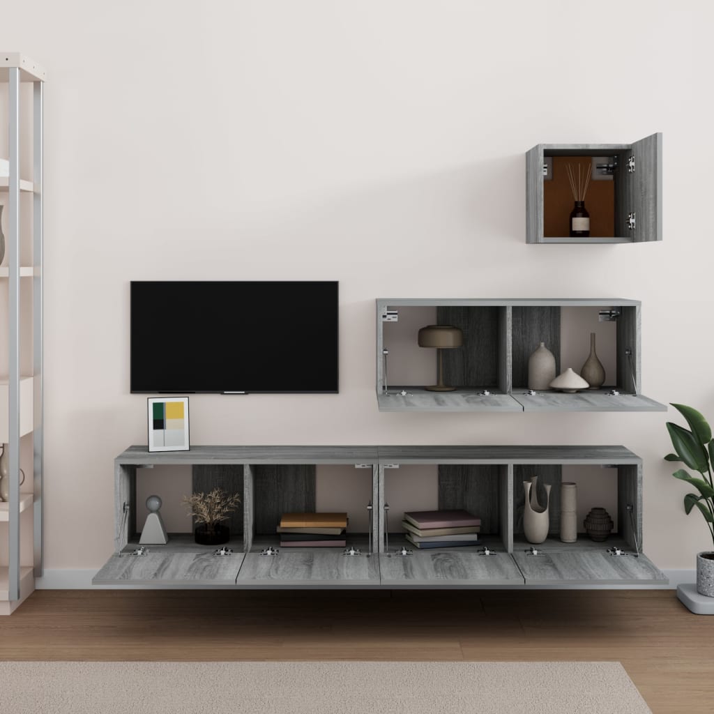 vidaXL Set dulapuri TV, 4 piese, gri sonoma, lemn prelucrat vidaXL Set dulapuri TV, 4 piese, gri sonoma, lemn prelucrat