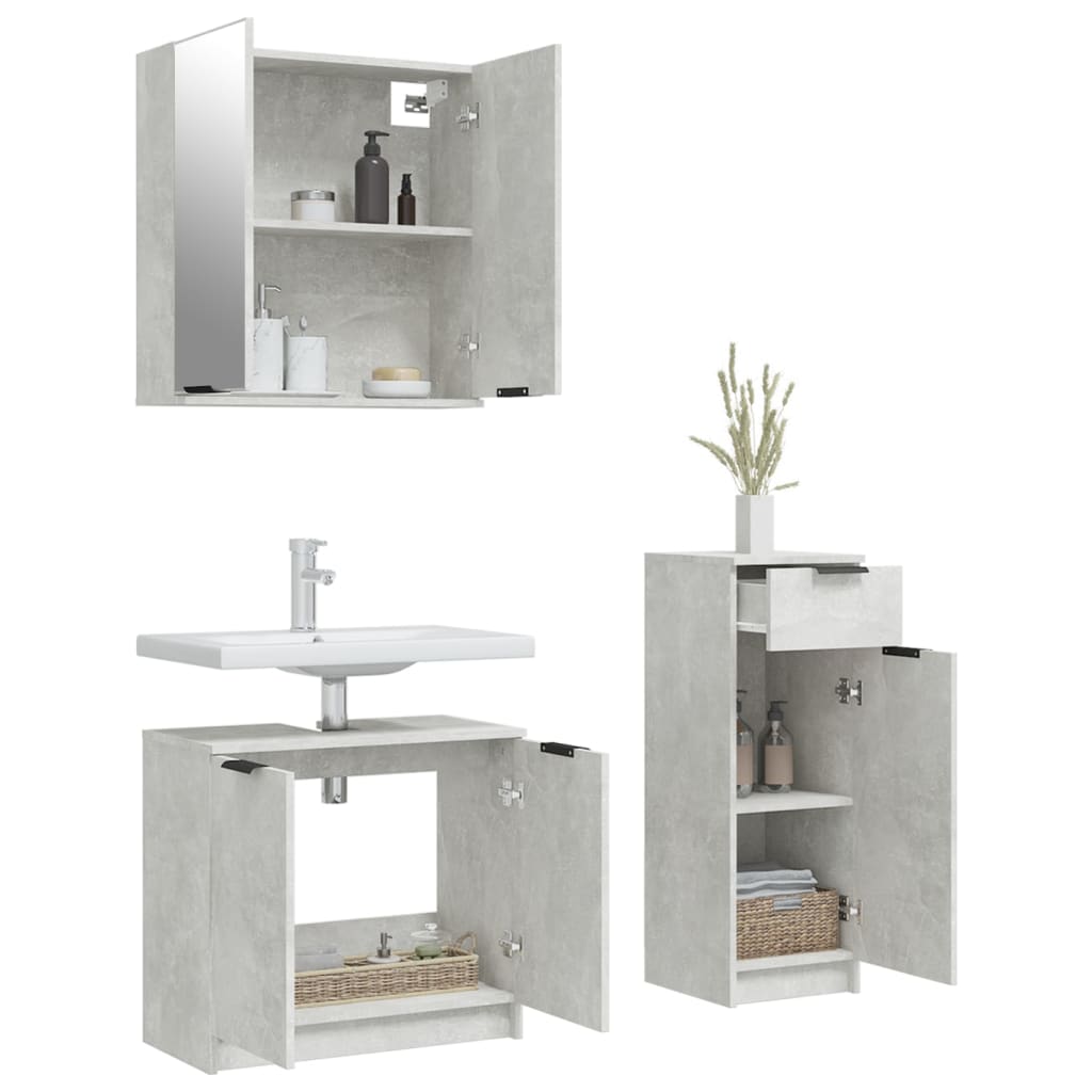 vidaXL Set dulapuri de baie, 3 piese, gri beton, lemn prelucrat