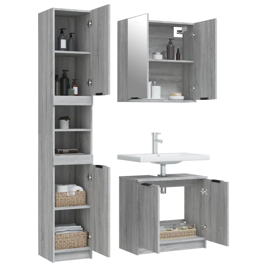 vidaXL Set dulapuri de baie, 3 piese, gri sonoma, lemn prelucrat vidaXL Set dulapuri de baie, 3 piese, gri sonoma, lemn prelucrat