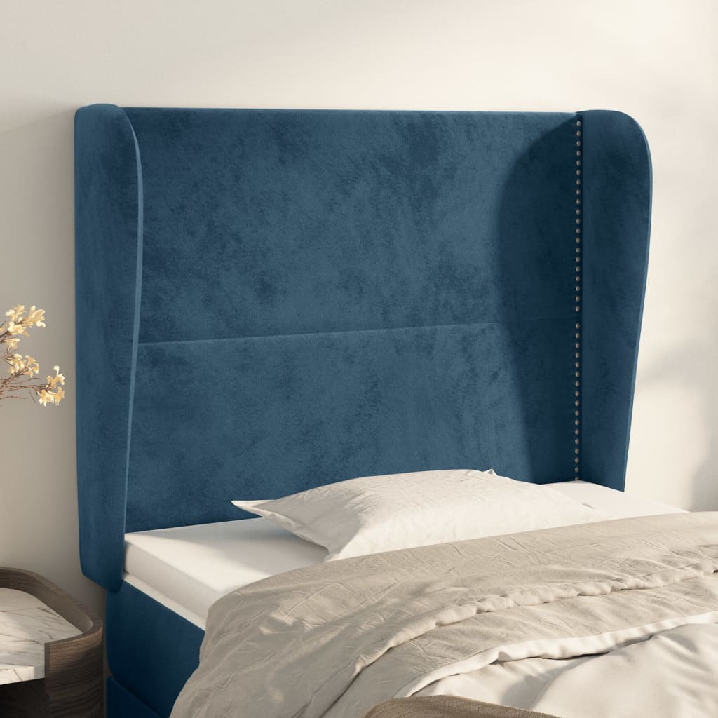 vidaXL Tăblie pat cu urechi albastru închis 103x23x118/128cm catifea vidaXL Tăblie pat cu urechi albastru închis 103x23x118/128cm catifea