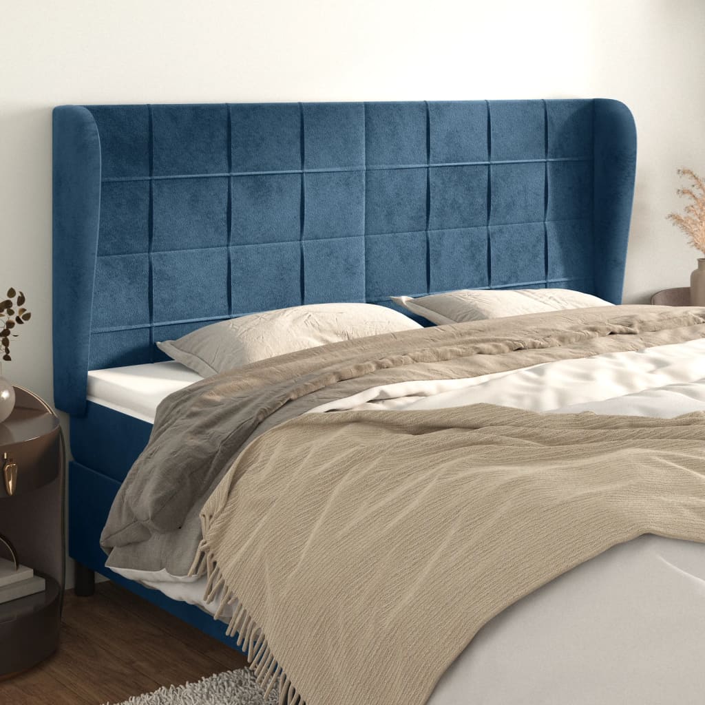 vidaXL Tăblie pat cu urechi albastru închis 163x23x118/128 cm catifea vidaXL Tăblie pat cu urechi albastru închis 163x23x118/128 cm catifea