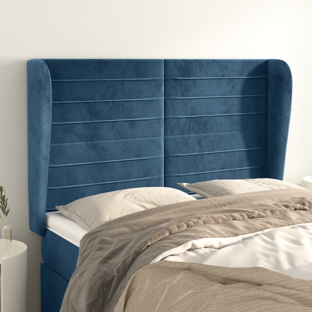 vidaXL Tăblie pat cu urechi albastru închis 147x23x118/128 cm catifea vidaXL Tăblie pat cu urechi albastru închis 147x23x118/128 cm catifea