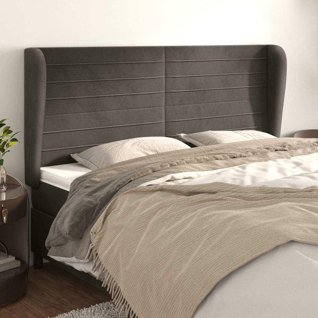 vidaXL Tăblie de pat cu aripioare gri închis 163x23x118/128 cm catifea vidaXL Tăblie de pat cu aripioare gri închis 163x23x118/128 cm catifea