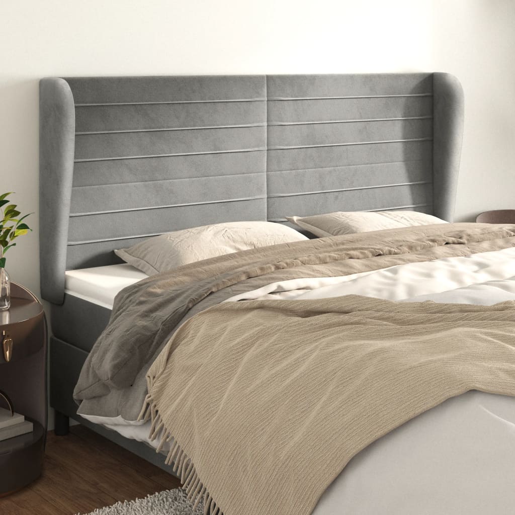vidaXL Tăblie de pat cu aripioare gri deschis 183x23x118/128cm catifea vidaXL Tăblie de pat cu aripioare gri deschis 183x23x118/128cm catifea