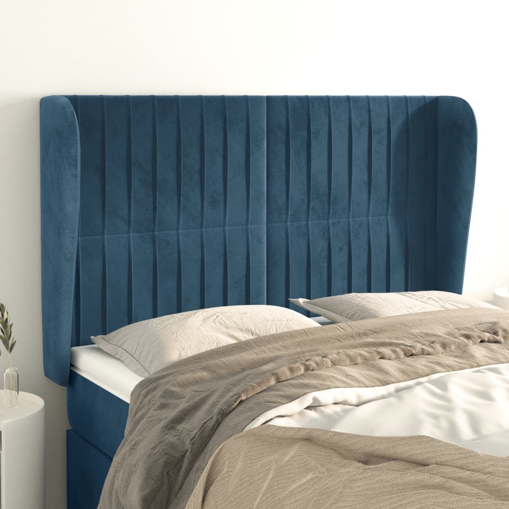 vidaXL Tăblie pat cu urechi albastru închis 147x23x118/128 cm catifea vidaXL Tăblie pat cu urechi albastru închis 147x23x118/128 cm catifea
