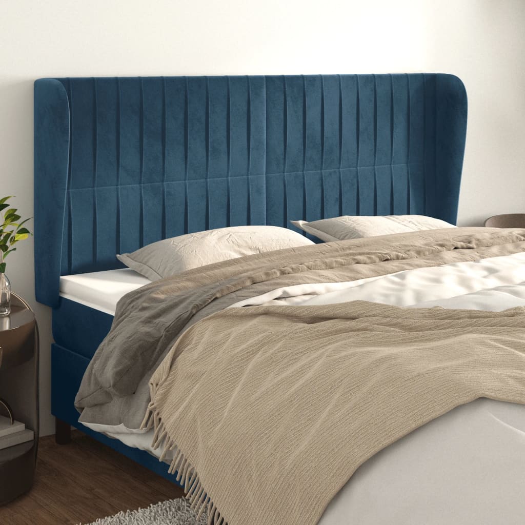 vidaXL Tăblie pat cu urechi albastru închis 183x23x118/128 cm catifea vidaXL Tăblie pat cu urechi albastru închis 183x23x118/128 cm catifea