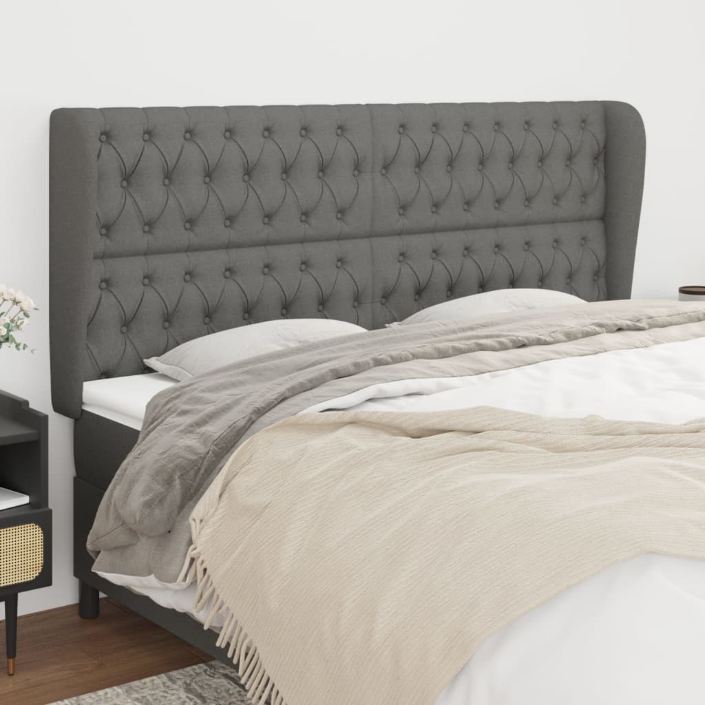 vidaXL Tăblie de pat cu aripioare gri închis 203x23x118/128 cm, textil vidaXL Tăblie de pat cu aripioare gri închis 203x23x118/128 cm, textil