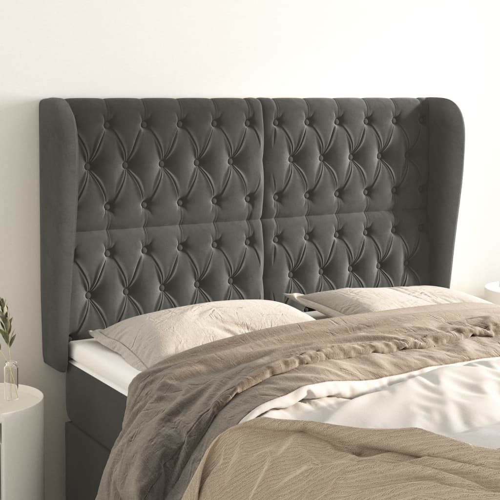 vidaXL Tăblie de pat cu aripioare gri închis 147x23x118/128 cm catifea