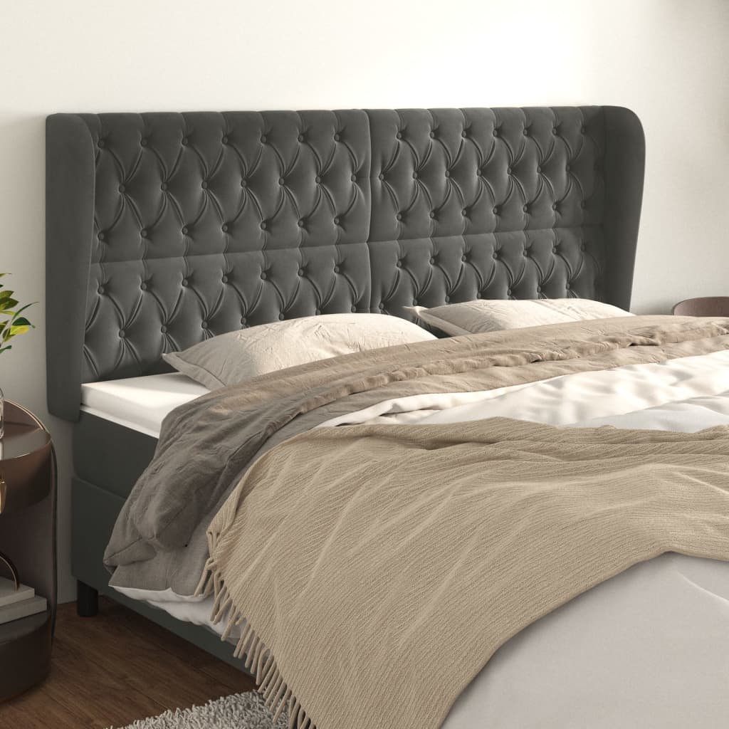 vidaXL Tăblie de pat cu aripioare gri închis 183x23x118/128 cm catifea vidaXL Tăblie de pat cu aripioare gri închis 183x23x118/128 cm catifea