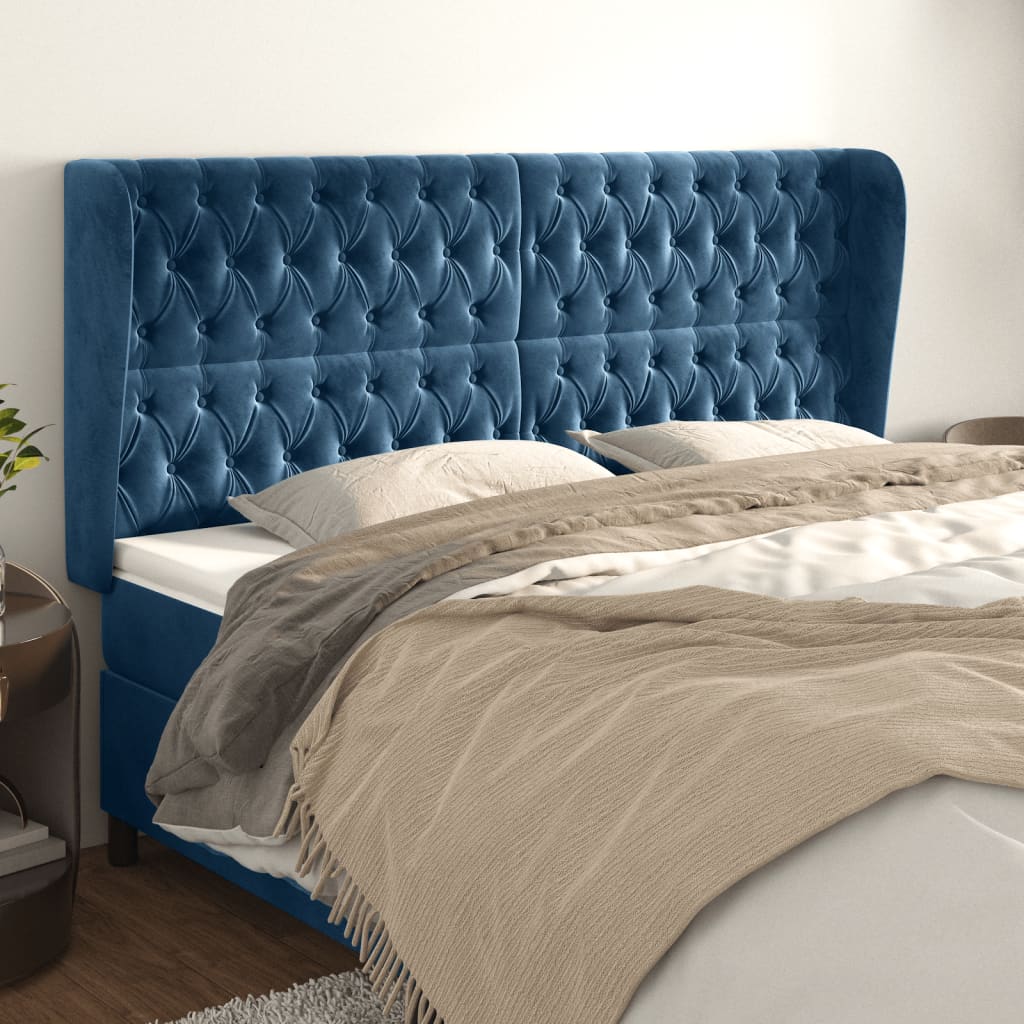 vidaXL Tăblie pat cu urechi albastru închis 183x23x118/128 cm catifea vidaXL Tăblie pat cu urechi albastru închis 183x23x118/128 cm catifea