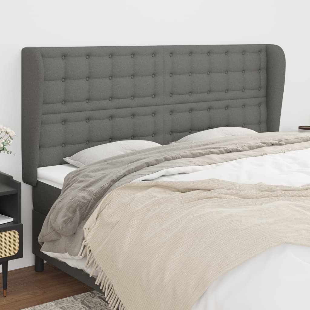 vidaXL Tăblie de pat cu aripioare gri închis 163x23x118/128 cm textil vidaXL Tăblie de pat cu aripioare gri închis 163x23x118/128 cm textil