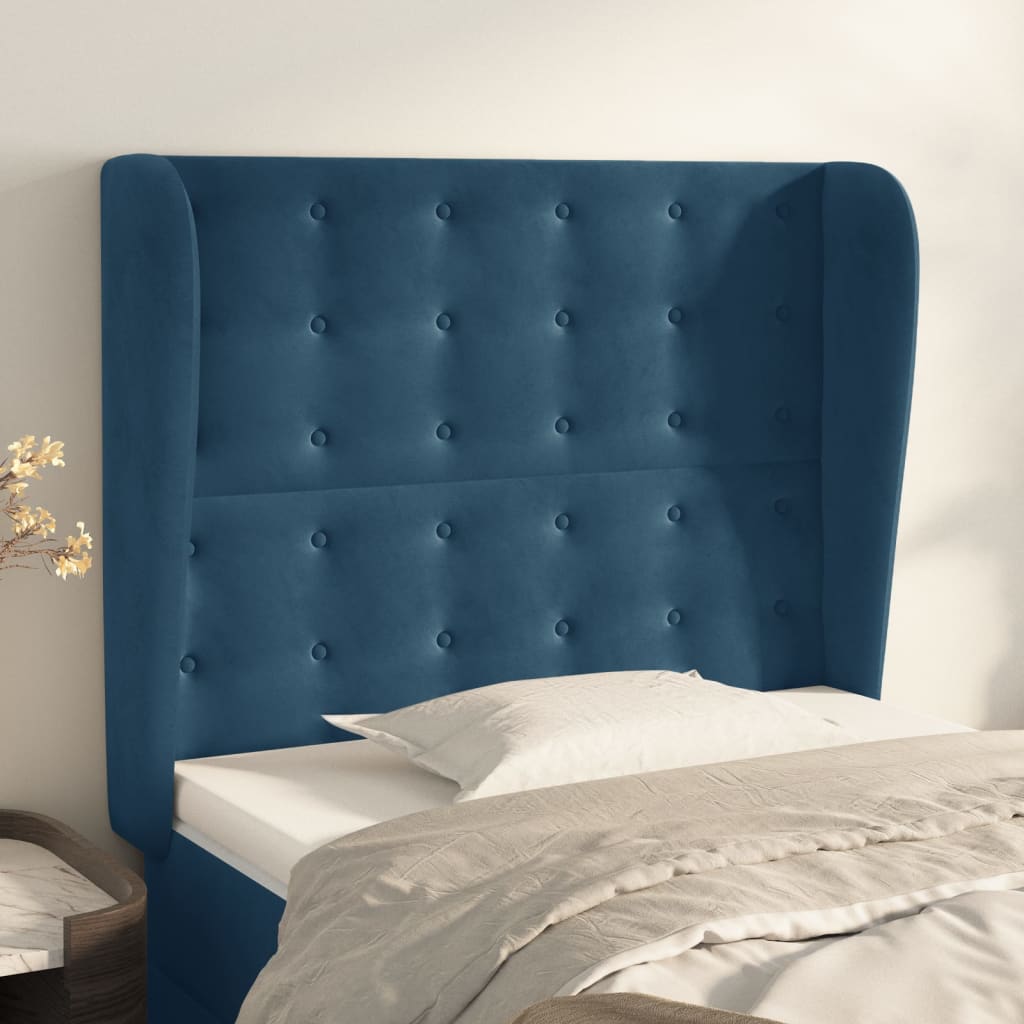 vidaXL Tăblie pat cu urechi albastru închis 103x23x118/128cm catifea vidaXL Tăblie pat cu urechi albastru închis 103x23x118/128cm catifea