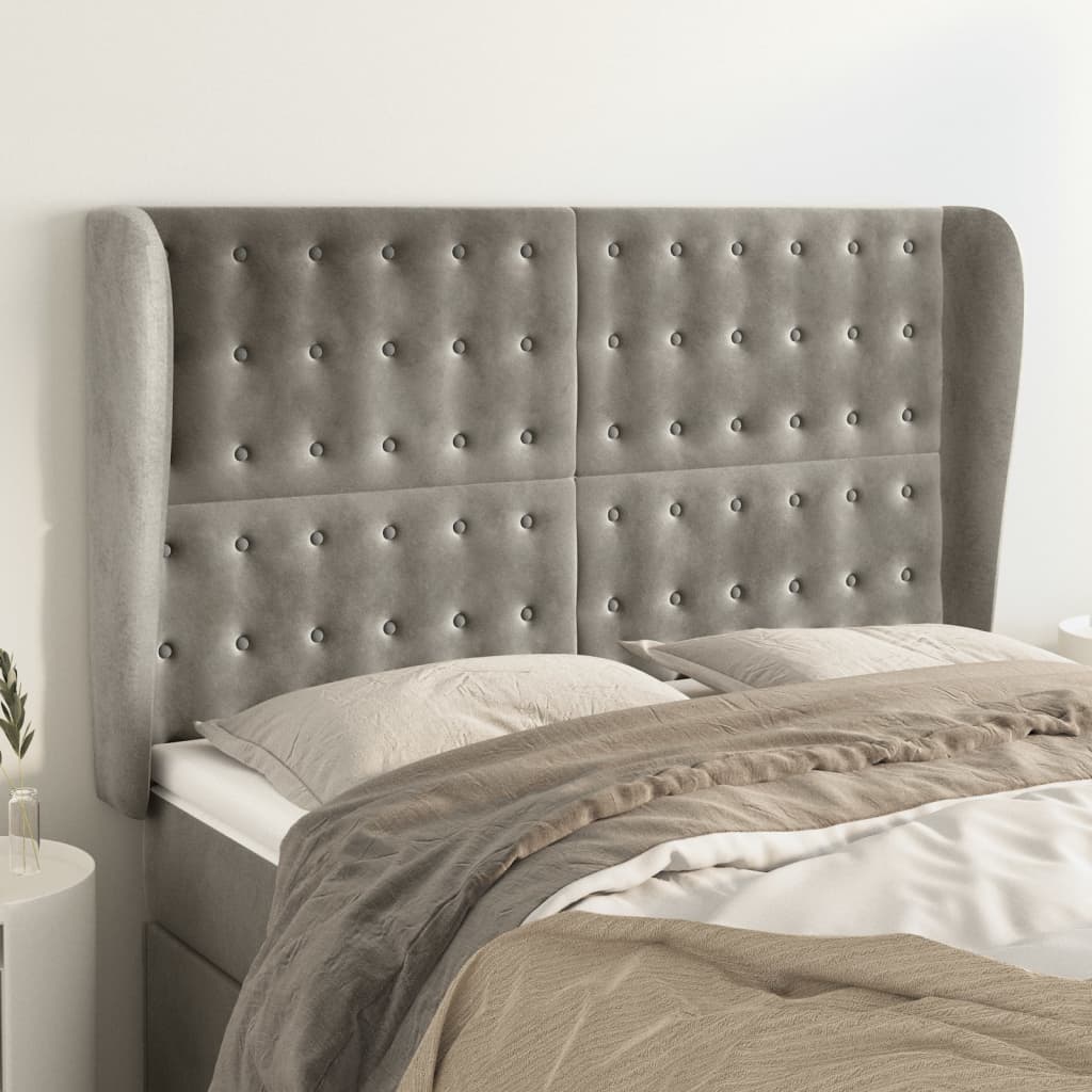 vidaXL Tăblie de pat cu aripioare gri deschis 147x23x118/128cm catifea vidaXL Tăblie de pat cu aripioare gri deschis 147x23x118/128cm catifea