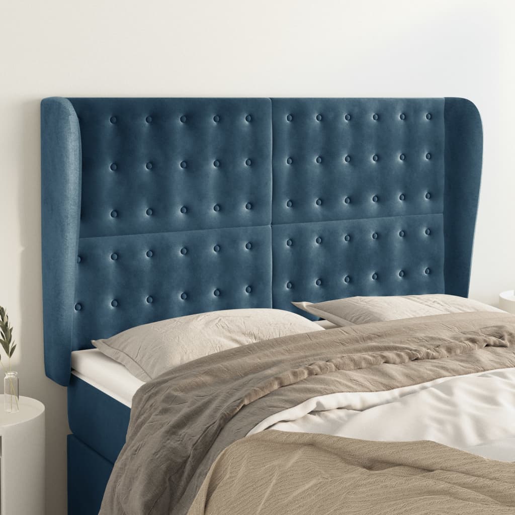 vidaXL Tăblie pat cu urechi albastru închis 147x23x118/128 cm catifea vidaXL Tăblie pat cu urechi albastru închis 147x23x118/128 cm catifea