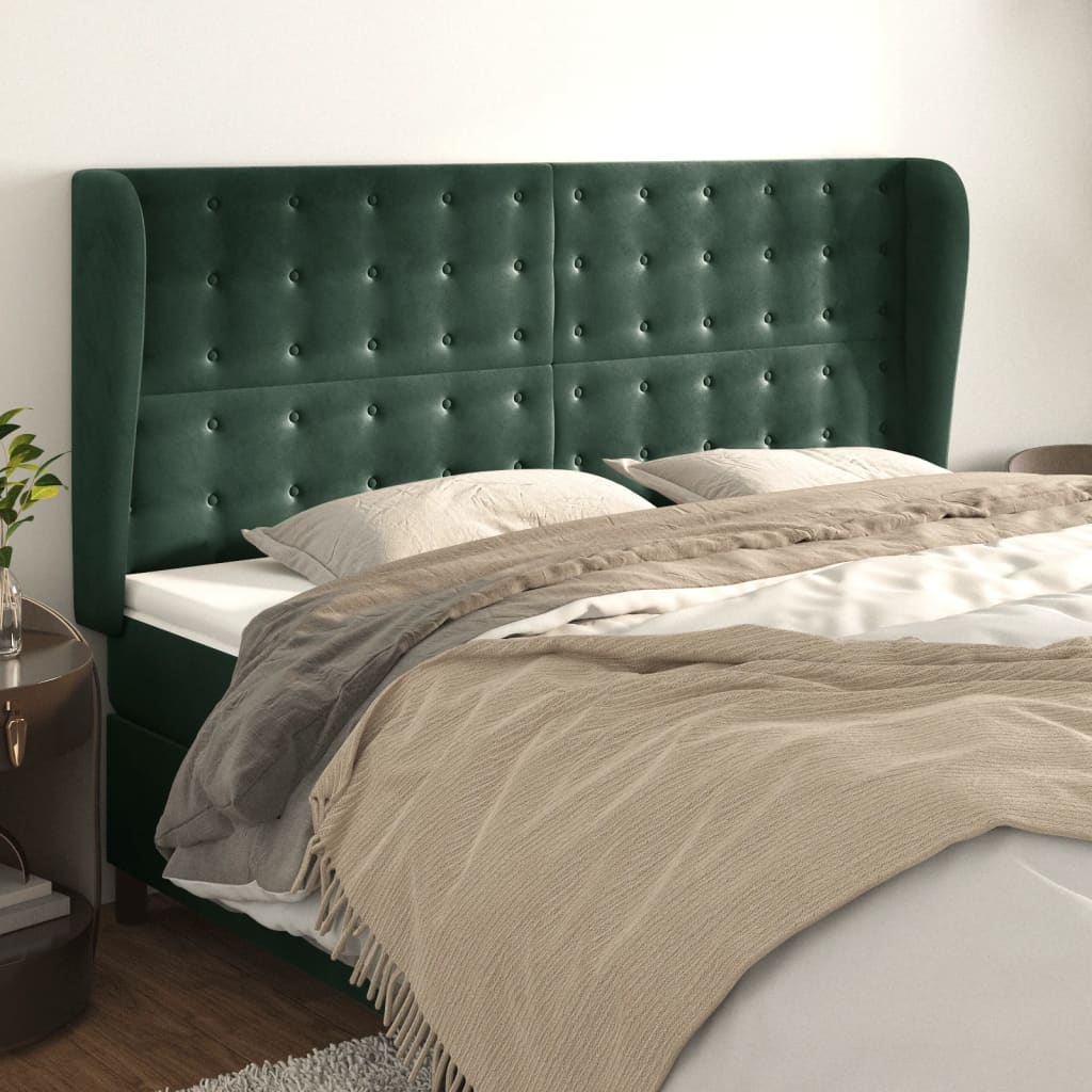 vidaXL Tăblie pat cu aripioare verde închis 203x23x118/128cm catifea vidaXL Tăblie pat cu aripioare verde închis 203x23x118/128cm catifea