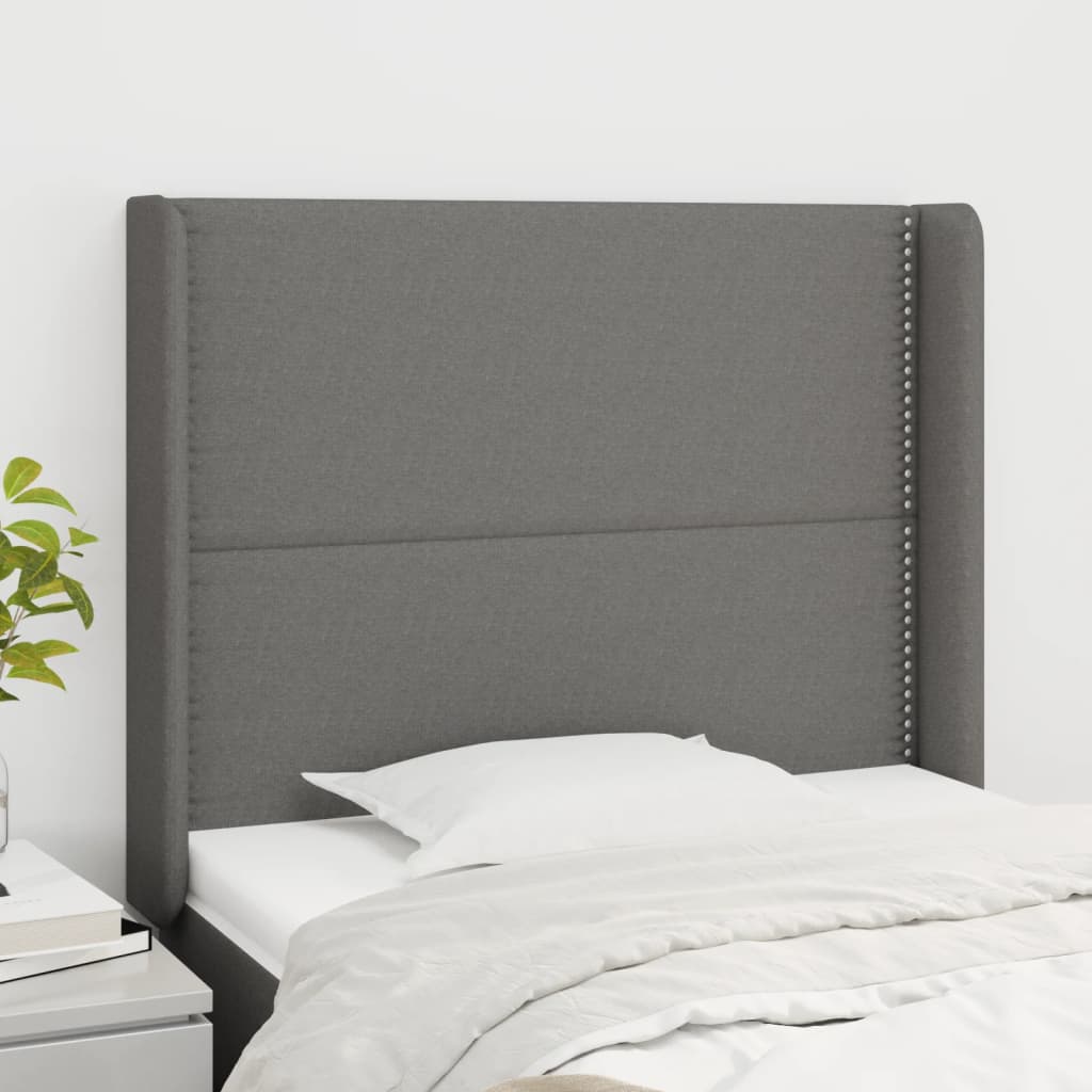 vidaXL Tăblie de pat cu aripioare gri închis 83x16x118/128 cm textil vidaXL Tăblie de pat cu aripioare gri închis 83x16x118/128 cm textil