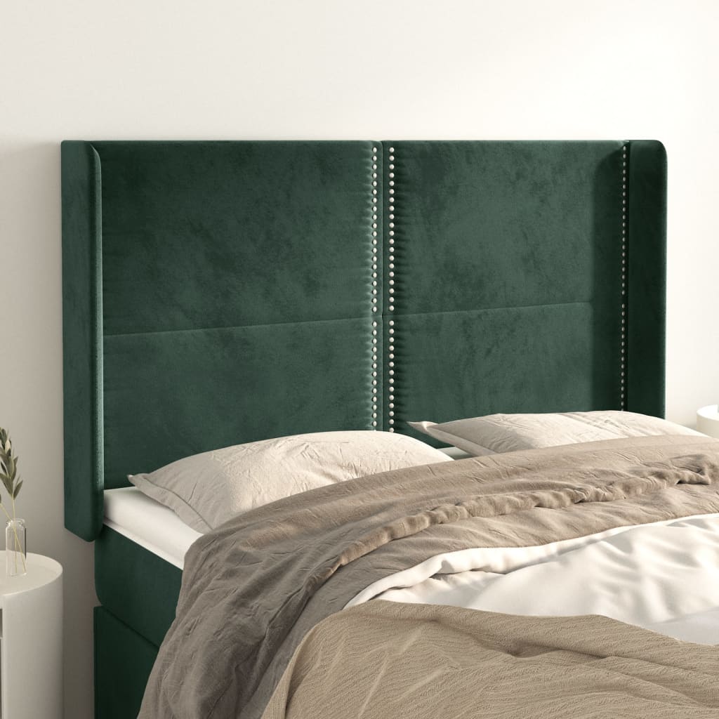 vidaXL Tăblie pat cu aripioare verde închis 147x16x118/128 cm catifea vidaXL Tăblie pat cu aripioare verde închis 147x16x118/128 cm catifea