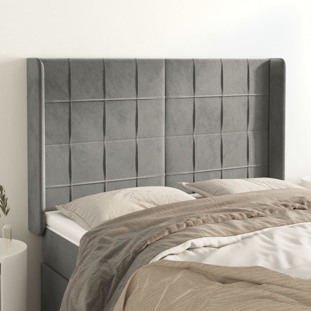vidaXL Tăblie de pat cu aripioare gri deschis 147x16x118/128cm catifea vidaXL Tăblie de pat cu aripioare gri deschis 147x16x118/128cm catifea