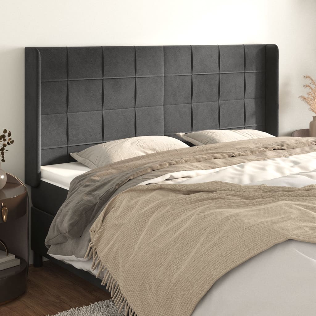 vidaXL Tăblie de pat cu aripioare gri închis 163x16x118/128 cm catifea vidaXL Tăblie de pat cu aripioare gri închis 163x16x118/128 cm catifea