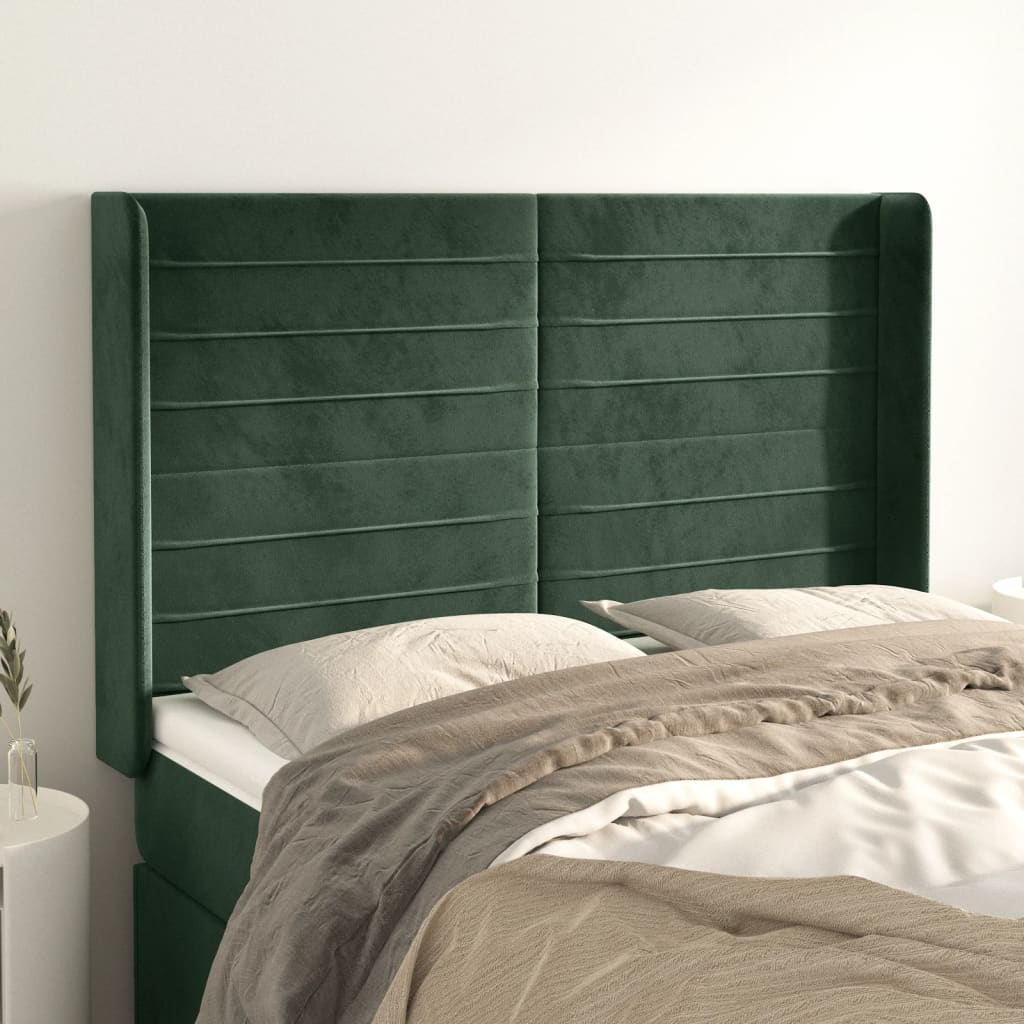 vidaXL Tăblie pat cu aripioare verde închis 147x16x118/128 cm catifea vidaXL Tăblie pat cu aripioare verde închis 147x16x118/128 cm catifea