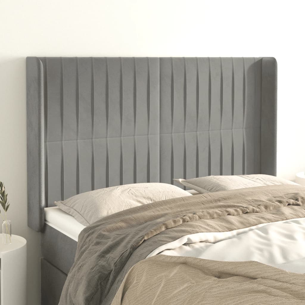 vidaXL Tăblie de pat cu aripioare gri deschis 147x16x118/128cm catifea vidaXL Tăblie de pat cu aripioare gri deschis 147x16x118/128cm catifea