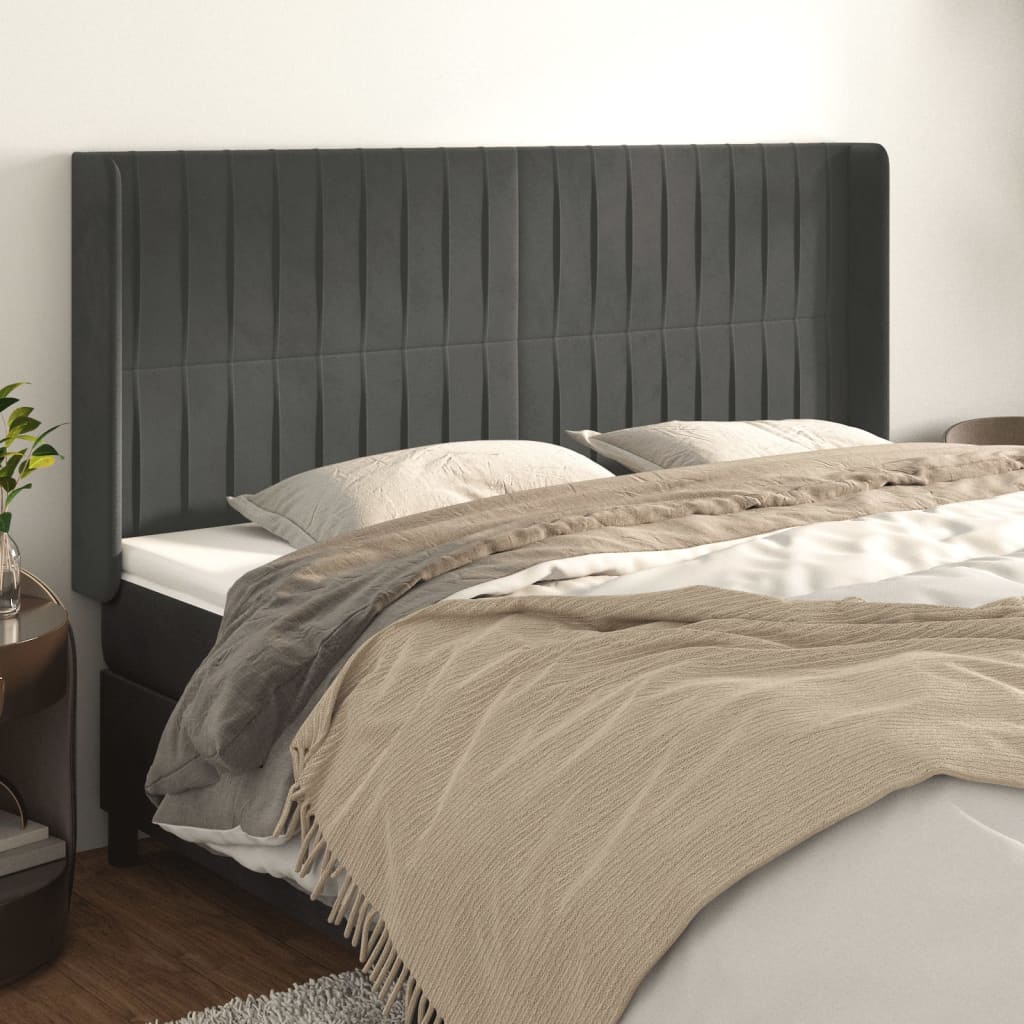 vidaXL Tăblie de pat cu aripioare gri închis 183x16x118/128 cm catifea vidaXL Tăblie de pat cu aripioare gri închis 183x16x118/128 cm catifea