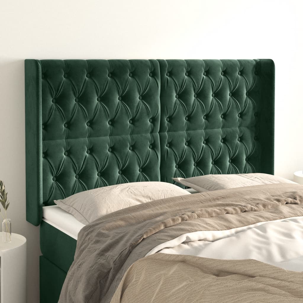 vidaXL Tăblie pat cu aripioare verde închis 147x16x118/128 cm catifea vidaXL Tăblie pat cu aripioare verde închis 147x16x118/128 cm catifea