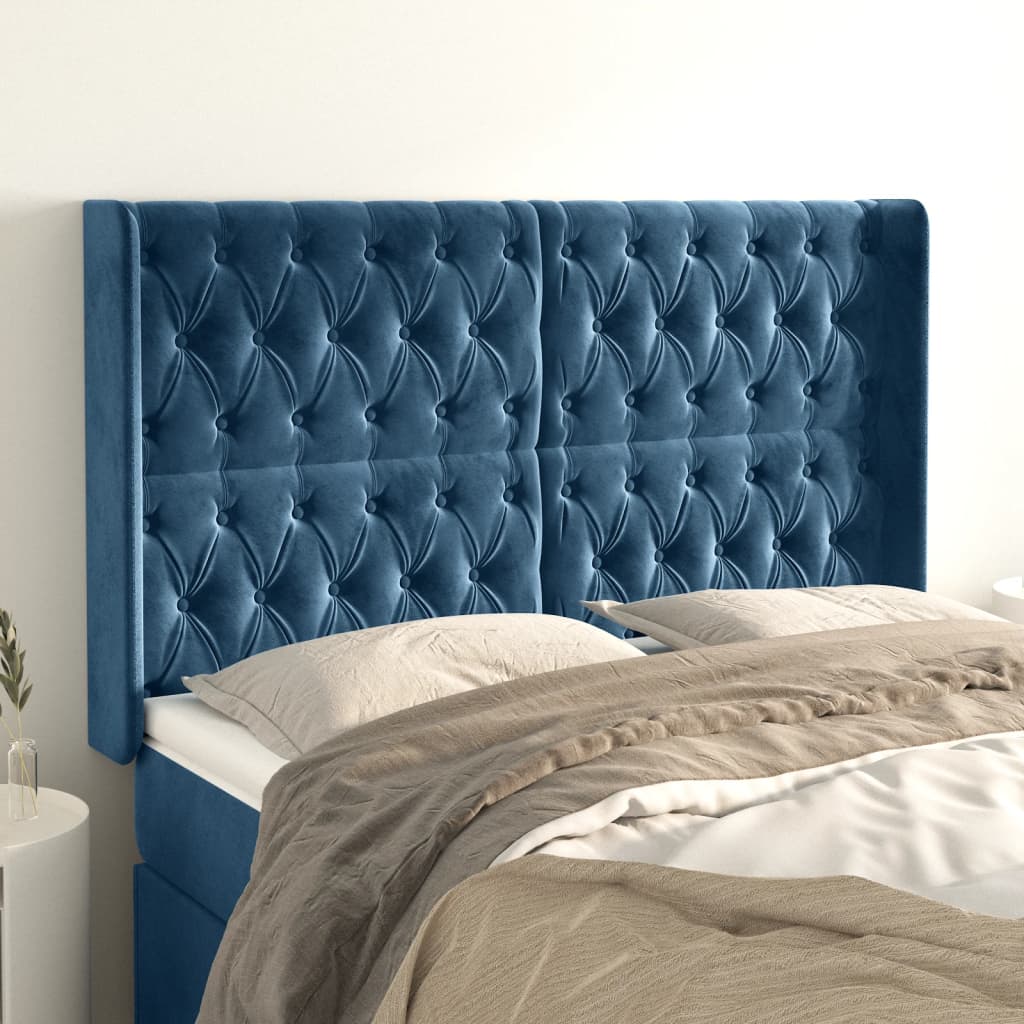 vidaXL Tăblie pat cu urechi albastru închis 147x16x118/128 cm catifea vidaXL Tăblie pat cu urechi albastru închis 147x16x118/128 cm catifea