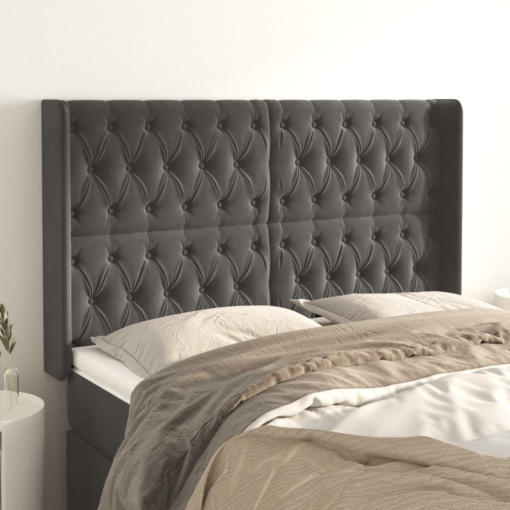 vidaXL Tăblie de pat cu aripioare gri închis 163x16x118/128 cm catifea vidaXL Tăblie de pat cu aripioare gri închis 163x16x118/128 cm catifea