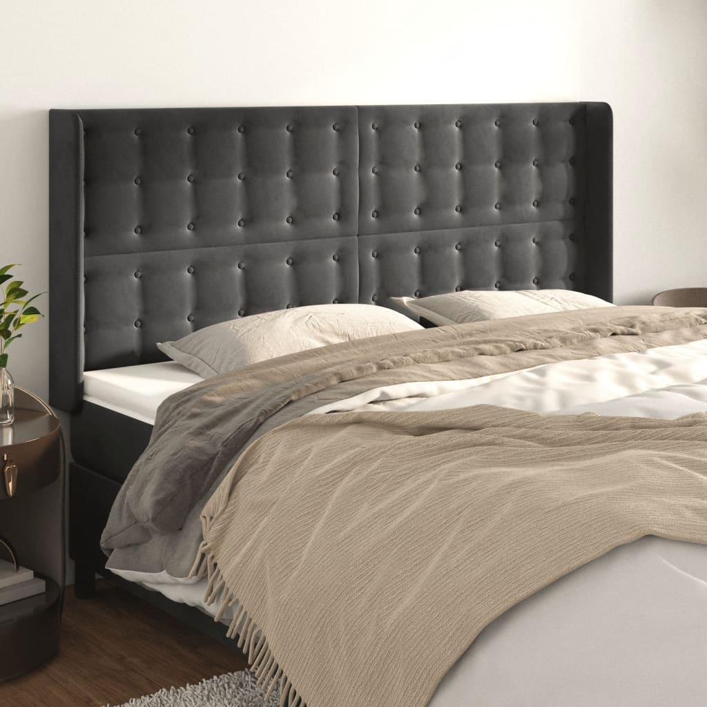 vidaXL Tăblie de pat cu aripioare gri închis 163x16x118/128 cm catifea vidaXL Tăblie de pat cu aripioare gri închis 163x16x118/128 cm catifea
