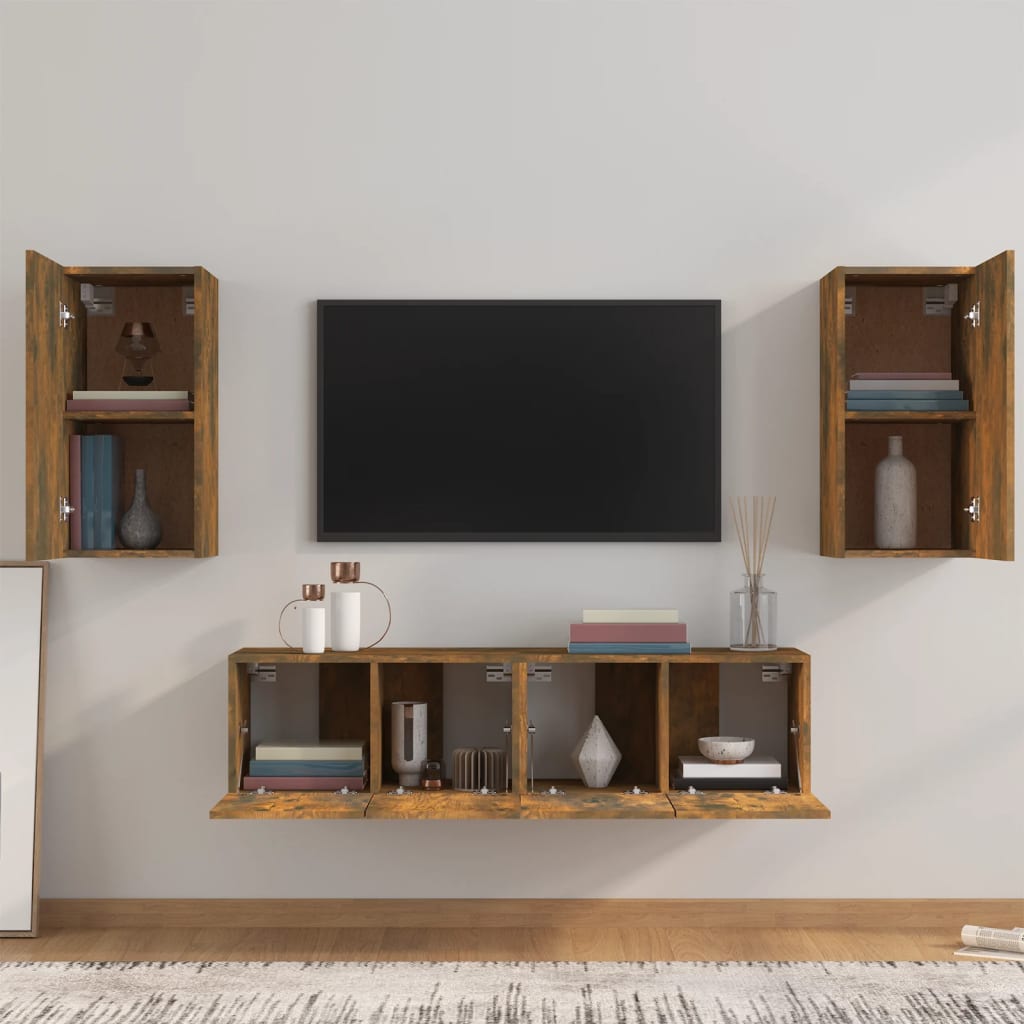 vidaXL Set dulapuri TV, 4 piese, stejar fumuriu, lemn prelucrat
