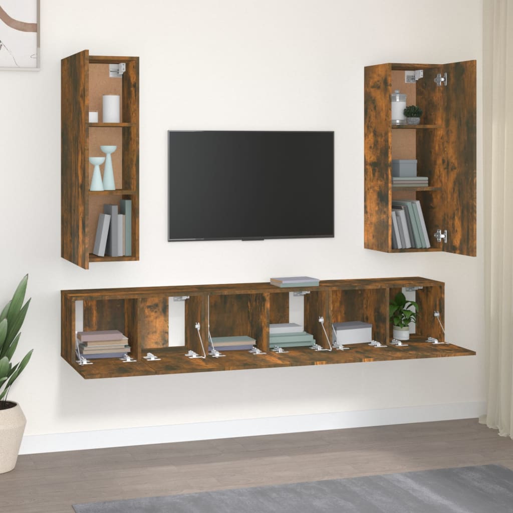 vidaXL Set dulapuri TV, 5 piese, stejar fumuriu, lemn prelucrat vidaXL Set dulapuri TV, 5 piese, stejar fumuriu, lemn prelucrat