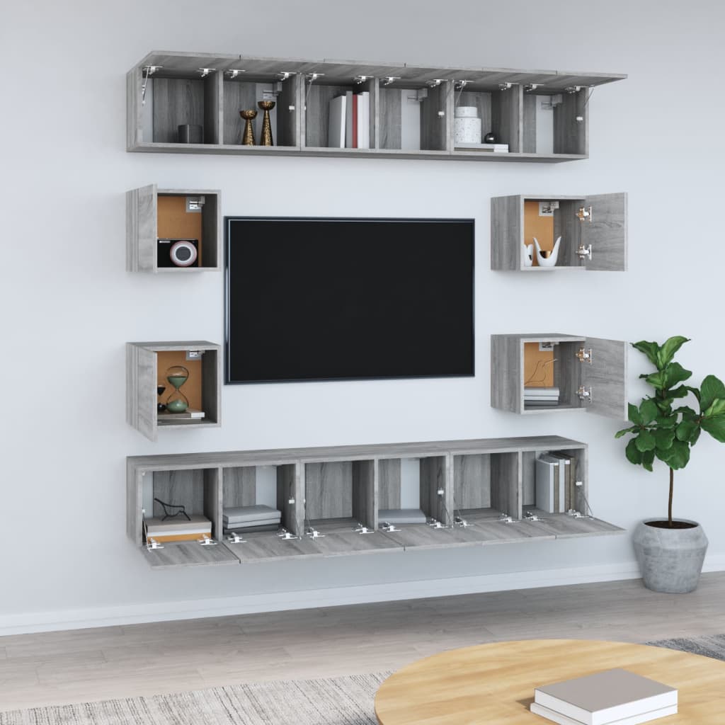 vidaXL Set dulapuri TV, 10 piese, gri sonoma, lemn compozit vidaXL Set dulapuri TV, 10 piese, gri sonoma, lemn compozit