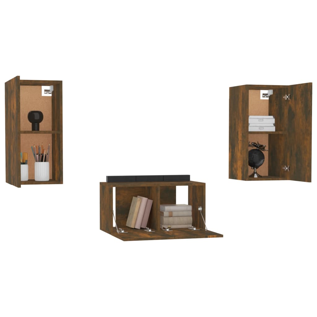 vidaXL Set dulapuri TV, 3 piese, stejar fumuriu, lemn prelucrat vidaXL Set dulapuri TV, 3 piese, stejar fumuriu, lemn prelucrat