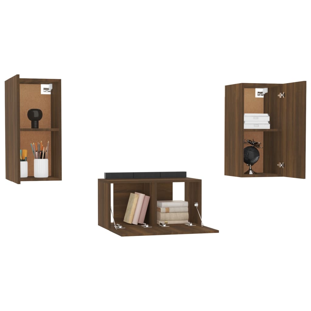 vidaXL Set dulap TV, 3 piese, stejar maro, lemn prelucrat vidaXL Set dulap TV, 3 piese, stejar maro, lemn prelucrat