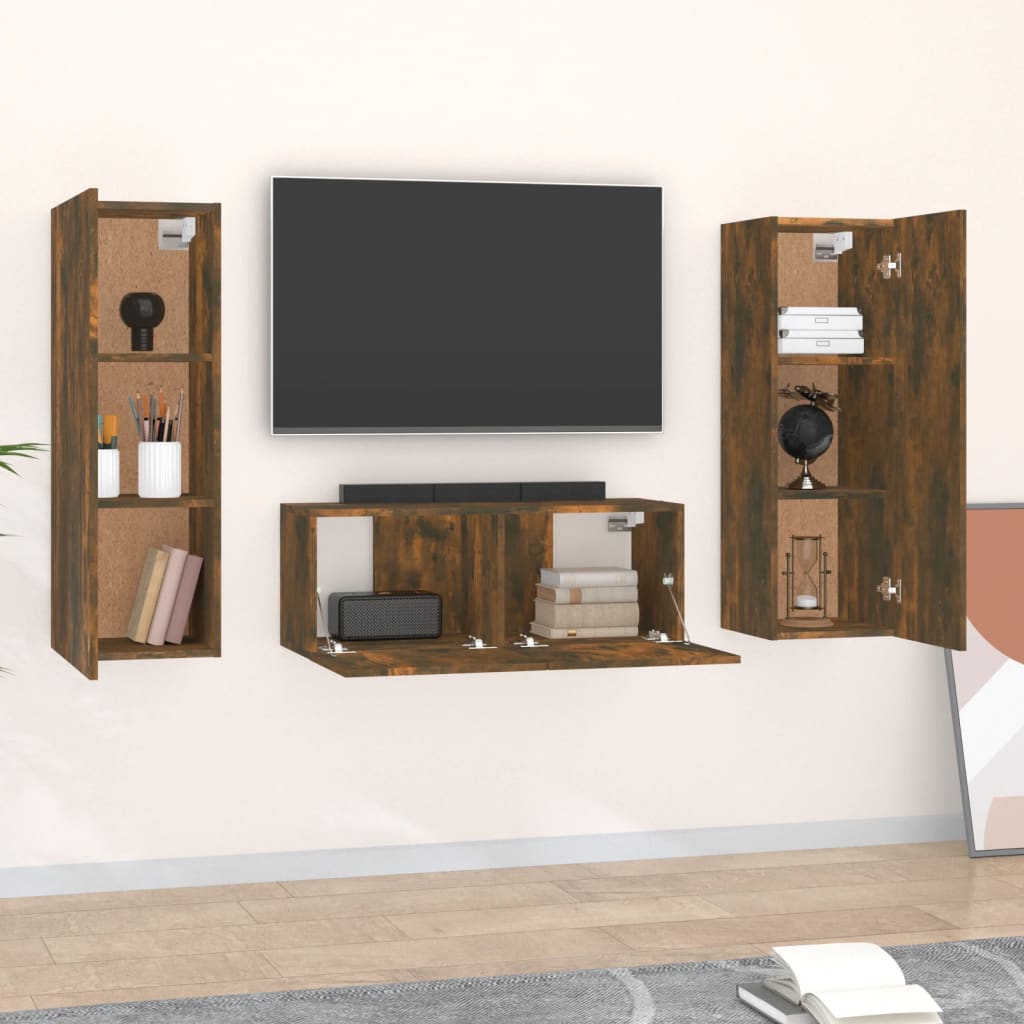 vidaXL Set dulapuri TV, 3 piese, stejar fumuriu, lemn prelucrat vidaXL Set dulapuri TV, 3 piese, stejar fumuriu, lemn prelucrat