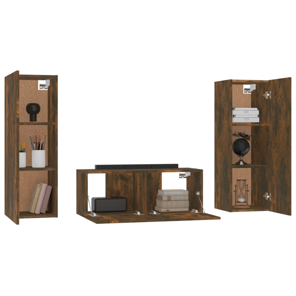vidaXL Set dulapuri TV, 3 piese, stejar fumuriu, lemn prelucrat vidaXL Set dulapuri TV, 3 piese, stejar fumuriu, lemn prelucrat