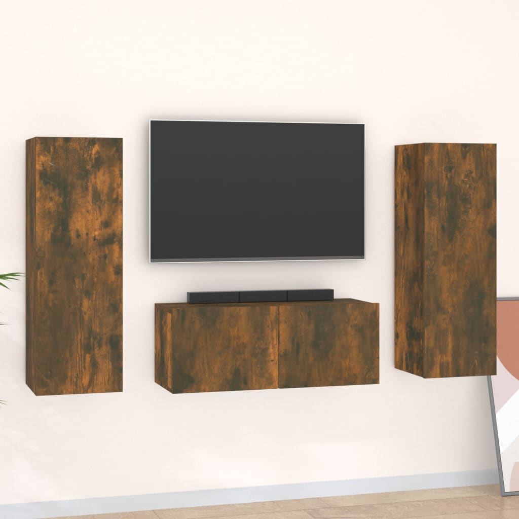 vidaXL Set dulapuri TV, 3 piese, stejar fumuriu, lemn prelucrat vidaXL Set dulapuri TV, 3 piese, stejar fumuriu, lemn prelucrat