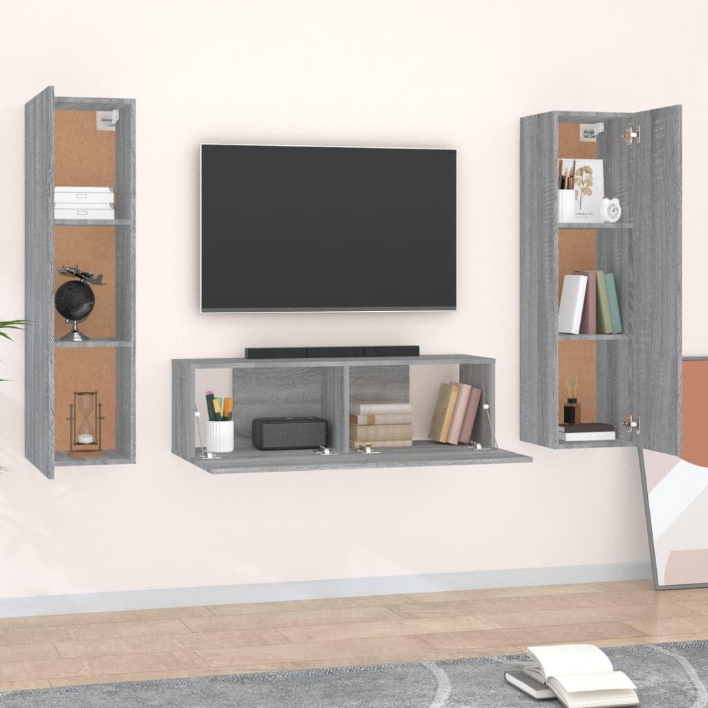 vidaXL Set dulap TV, 3 piese, gri sonoma, lemn prelucrat vidaXL Set dulap TV, 3 piese, gri sonoma, lemn prelucrat